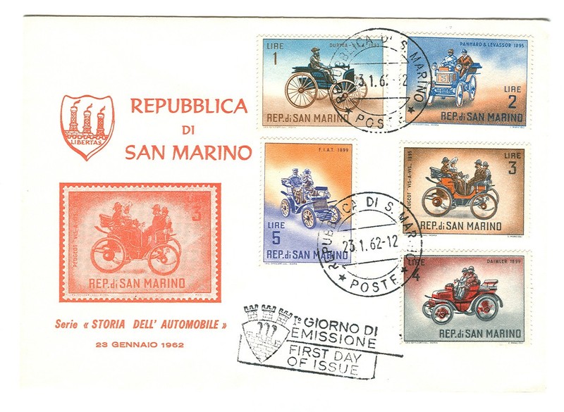 SAN MARINO serie storia dell automobile FIRST DAY COVER 1/23/1962 Near Mint