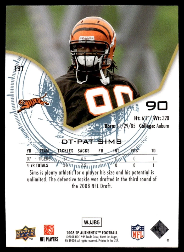 2008 SP Authentic Pat Sims Rookie 370/999 Cincinnati Bengals #191 R11 - Image 2 of 2