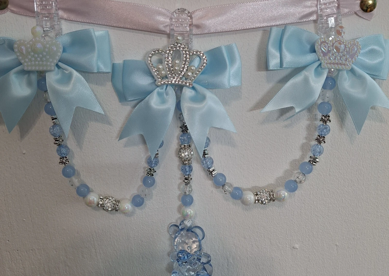 3 Tier/triple Blue Baby Boy Pram Charm With Crown Embellis With Blue Teddy