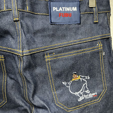 Platinum FUBU Blue Fat Albert Dark Wash Flat Front Jean Shorts Mens Size 34