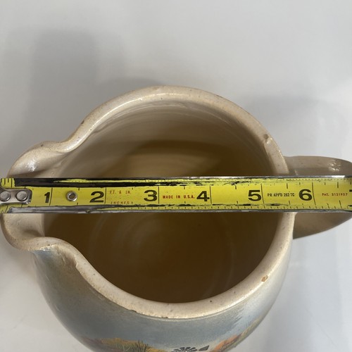 P.R. Storie Pottery Co. Marshall TX Stoneware Beige Pitcher w Homestead Scene - Picture 8 of 10