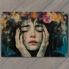 Art Print Sad Female Portrait Flowers Hair Dripping Paint Surreal Emotive Art