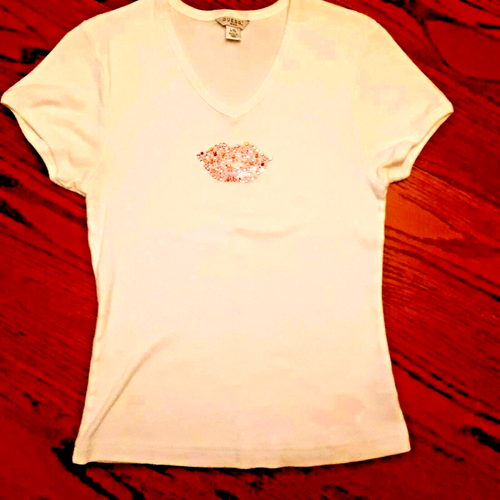 Vintage Guess Jeans Mädchen L - XL Top T Shirt Bluse weiß Strass Lip Bling