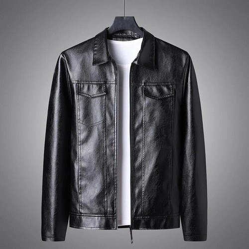 Men’s Slim Fit Black Leather Jacket – Zip-Up Casual Shirt Style Jacket - Picture 2 of 8