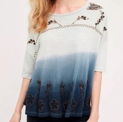 Akemi Kin Anthropologie Embroidered Beaded Top blouse Small Ombre Dip Dye Blue