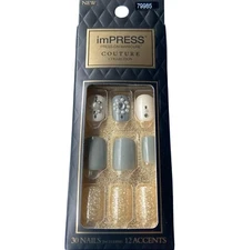 NEW Kiss Nails Impress Press On Manicure Short Gel Gray White Glitter Couture