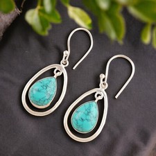 Natural Blue Copper Turquoise Drop/Dangle Boho Earrings 925 Silver For Girls