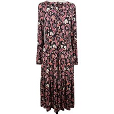 LOFT Midi Dress Women Medium Multi Color Paisley Tiered Keyhole Long Sleeve Boho