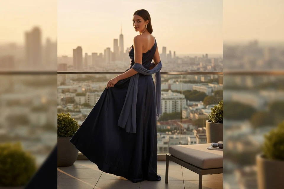 Vestido de Noche Azul Marino Un Hombro - Talla 10 - Nuevo con Etiquetas Foto 2 de 4