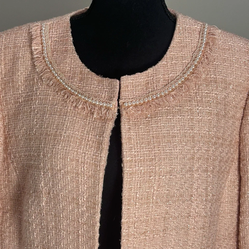 Traje Falda Tahari Arthur S Levine Tweed Rosa Talla 14 Perla Flecos Borde Brillante Foto 3 de 4