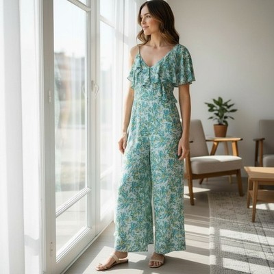 NWT Corey Lynn Calter Anthro Blue Asymmetrical Ruffle Wide Leg Jumpsuit Size XS