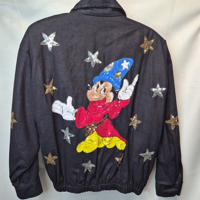 VTG Fantasia Mickey Mouse Disney World Castle Modi Denim Sequin Bomber Jacket M 