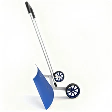 ‌Heavy-Duty Snow Pusher with Wheels - Reversible Blade & Ergonomic Handle