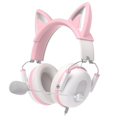 Pilot Cat Ear Over-Ear Gaming Headset - Pink Wired 3.5mm Headphones with Deta...