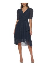 TOMMY HILFIGER Womens Navy Belted Pouf Sleeve Midi Faux Wrap Dress 2