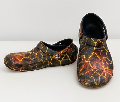 Crocs Bistro Clogs Cracked Lava Print Mens 5 Women 7 Slip Resistant Black Orange