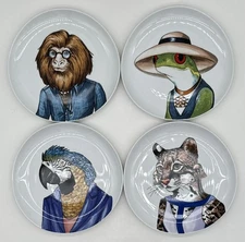 West Elm Rachel Kozlowski Dapper Animal Set/4~9" Plates~Frog/Ocelot/Bird/Owl NEW