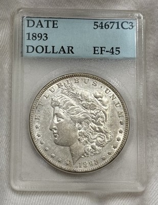 1893-P Morgan Silver Dollar, Key Date Xf Au++ In Old Rattler Like Vintage Holder