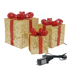 10”-8”-6” Set of 3 Christmas Lighted Gift Boxes with Plug for Christmas Decor...