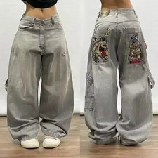 Unisex Baggy Y2K Streetwear Graphic Jeans Wide Leg Embroidered Denim Pants M X