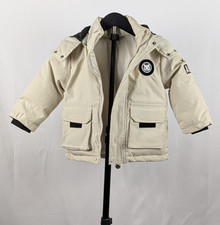 Boys Youth Beige Hooded Parka Jacket Full Zip Pockets Logo Polyester