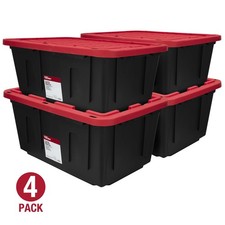Pack of 4 Hyper Tough 27 Gallon Large Storage Bin with Snap Lid, Black and Red