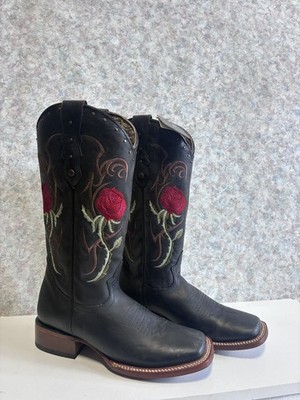 Women's Rodeo Square Toe rockem  Boots Black Bota Tubo Bordado Flor  Sz25.5 mx