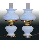 Pair of Vintage Hobnail Milk Glass Hurricane Desk Lamps Fenton Style Excellent