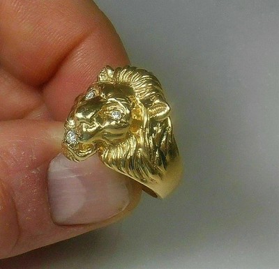 Real Moissanite 1.70Ct Round Cut Men's Lion Head Ring 14K Yellow Gold Plated