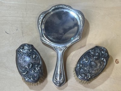 Antique Art Nouveau German Silver Vanity Set Hand Mirror 2 Brushes Year 1905