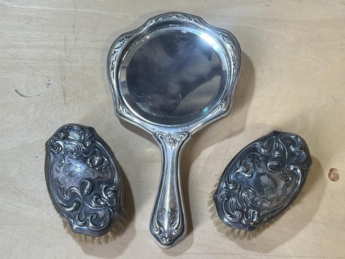 Antique Art Nouveau German Silver Vanity Set Hand Mirror 2 Brushes Year 1905