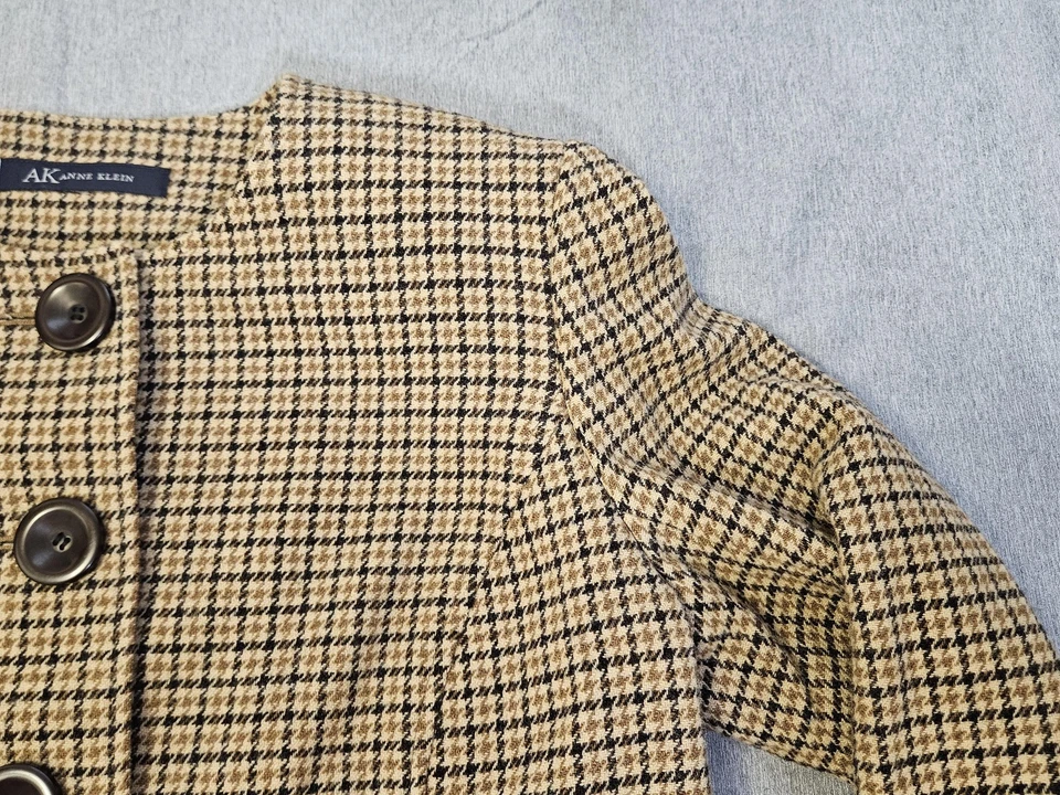 AK Anne Klein Jacket Womens Medium Brown Black Houndstooth Lambswool Collarless - Image 2 of 4