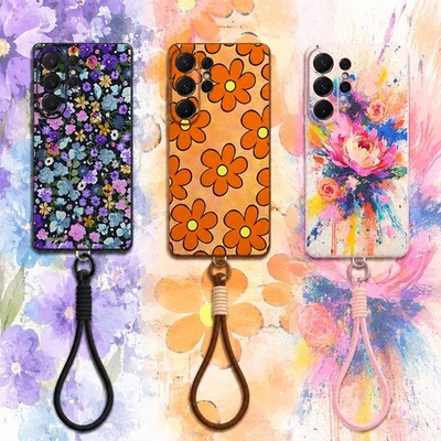 Für Samsung S26 S25 Ultra S24 A17 A57 A15 Blumen Leder Hülle mit Trageband Case