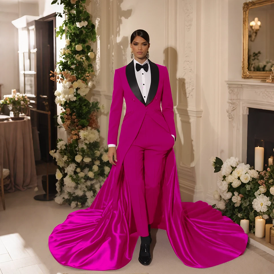 Moda Nuevo Estilo Mujeres Traje Largo Tren Chaqueta Delgada para Boda Banquete 2 Piezas Foto 2 de 4