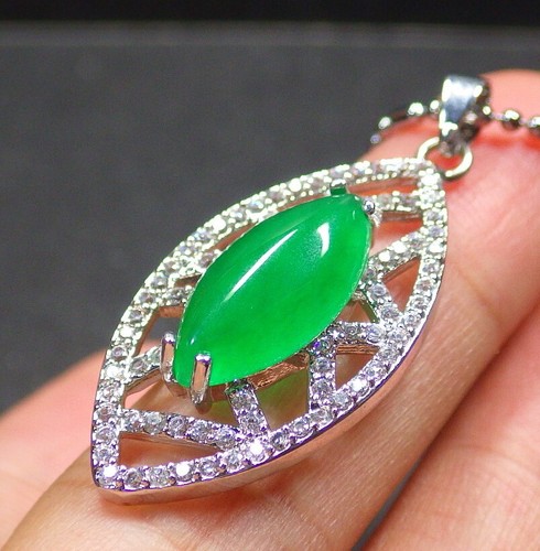 Genuine Green Jade 18KGP Cubic Zirconia Mariquesa Eyes Pendant Chain Necklace - Picture 3 of 8