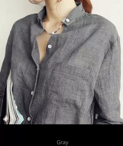 Linen Blouse Blue Gray White Collar Shirt Spring Korean Fashion Women’s Clothing - Picture 9 of 9