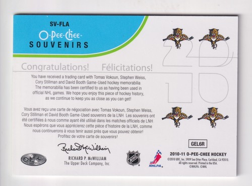 2010-11 O-Pee-Chee SOUVENIRS QUAD GAME USED JERSEY VOKOUN WEISS STILLMAN BOOTH - Picture 2 of 2