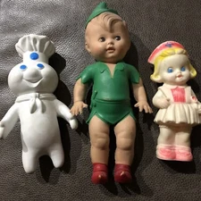 Vintage Squeak Toy Lot Sun Rubber Peter Pan Disney Nurse Pillsbury Dough Boy Vtg