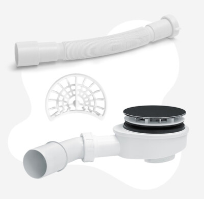 Aquabad  extraflache Ablaufgarnitur für Duschwanne, 90mm Siphon, inkl. Haarsieb