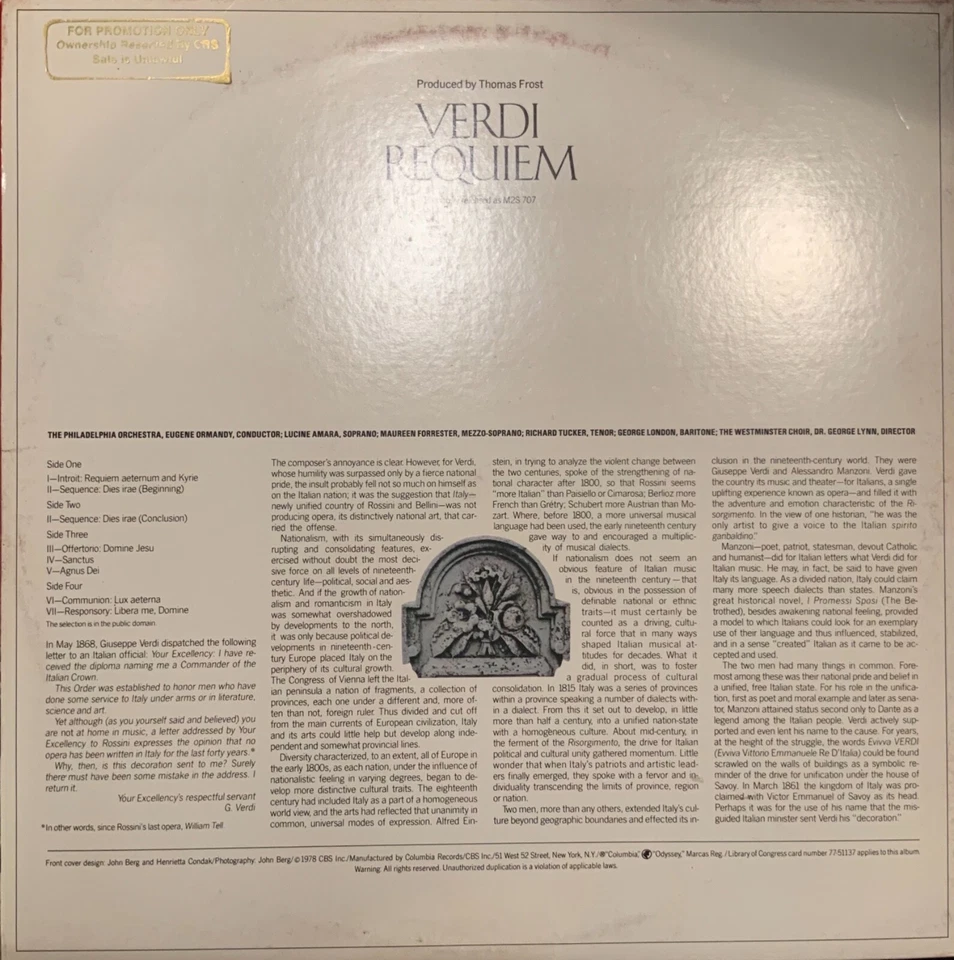 VERDI-REQUIEM-LUCINE AMARA-EUGENE ORMANDY-RARE1978 ODYSSEY DOUBLE VINYL-PROMO Foto 2 de 4