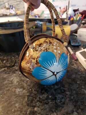 Hand Painted Coconut Shell Purse Pocketbook Lined Blue Flower FRM13E
