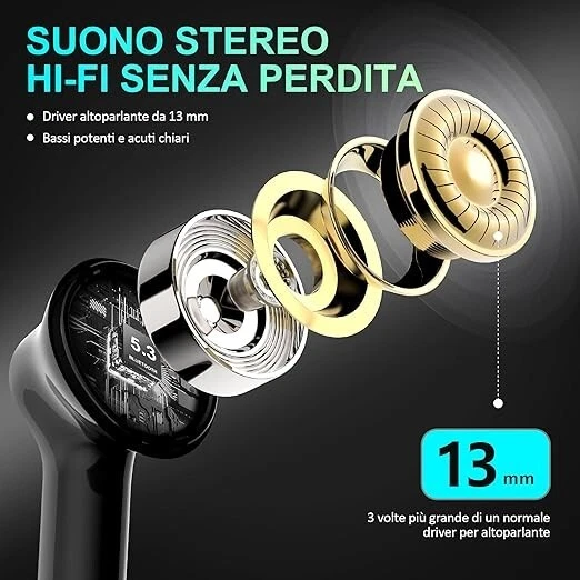 CUFFIE BLUETOOTH, AURICOLARI BLUETOOTH 5.3 STEREO HiFi IMMERSIVO BASSI EXTRA - Immagine 2 di 4
