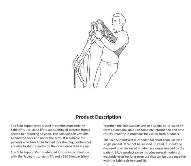 LIKO Solo Support Vest LARGE 440lbs Patient Lift Sit to Stand Aid
