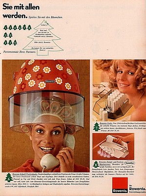 1969 AD GERMAN ROWENTA HAIR DRYER BONNET DAISY CURLERS BEAUTY
