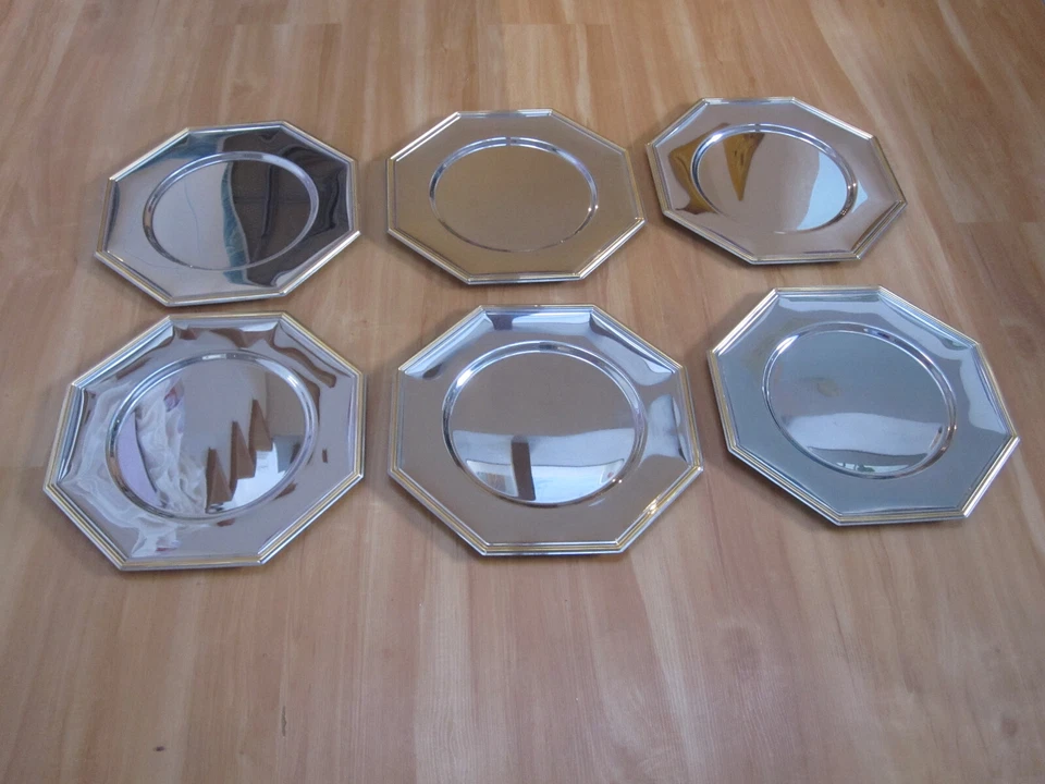 6x WMF Platzteller silber mit Goldrand achteckig D31cm