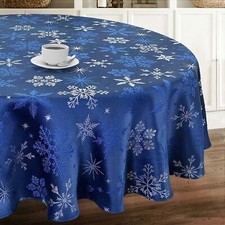 Blue Snowflakes Christmas Tablecloth Metallic Woven Fabric Xmas Holiday Winter