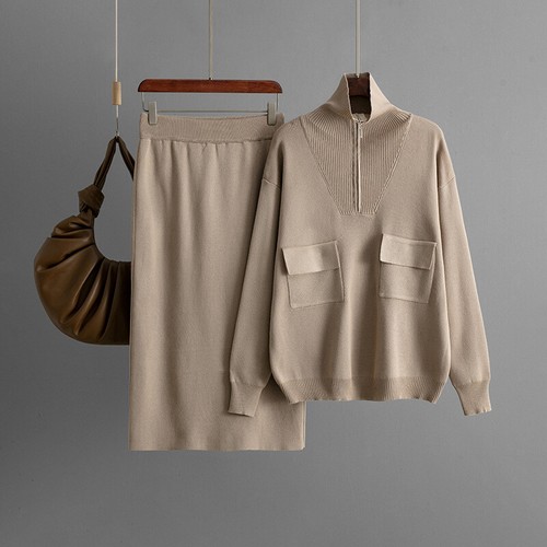Women 2pcs Sets Long Sleeve Knitted Half Zip Sweater Mid Long Pencil Skirts Slit - Picture 7 of 28