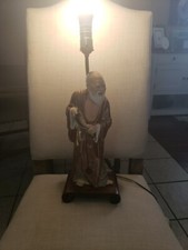 1950s MCM Porcelain Lamp Asian Oriental Man Holding Fish Leviton Made In USA