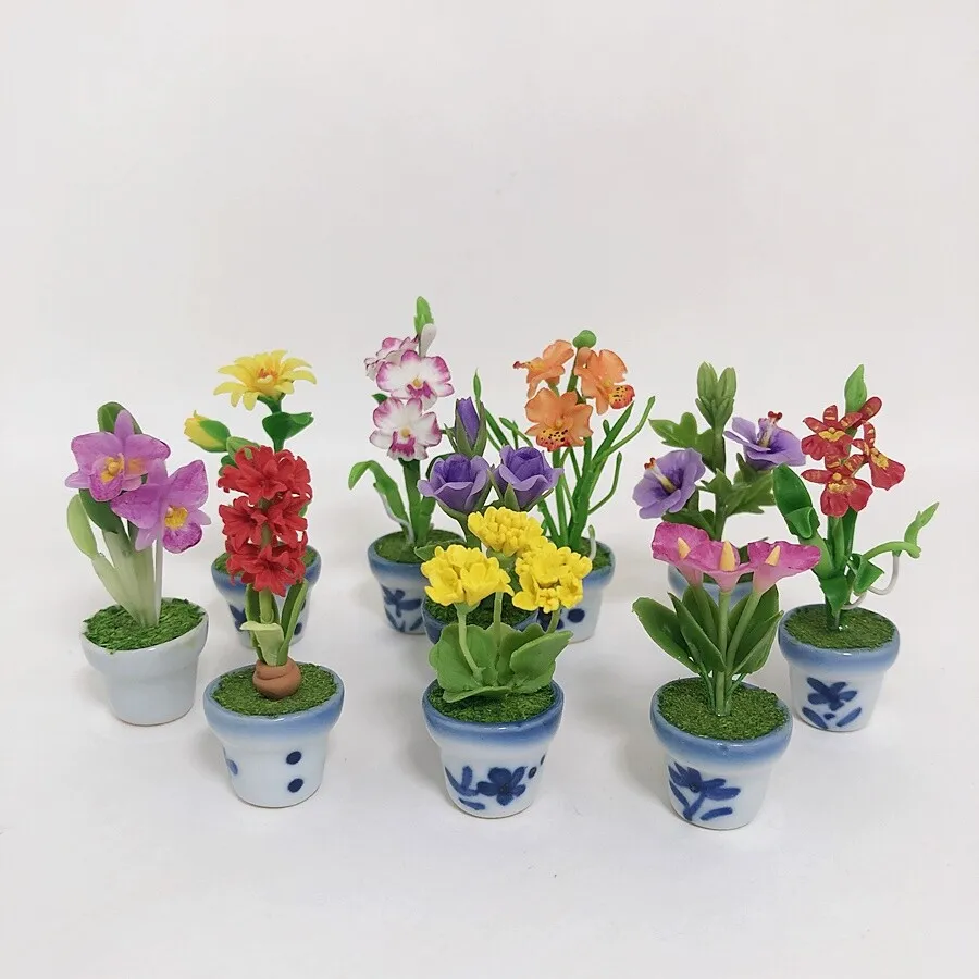 Set of 10 Several Potted Miniature Flowers Multicolor Dollhouse Garden  Accessory