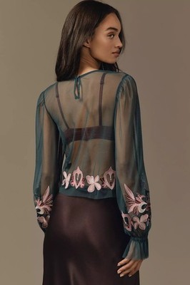 Anthropologie Long-Sleeve Embroidered Mesh Top XSP NEW | eBay